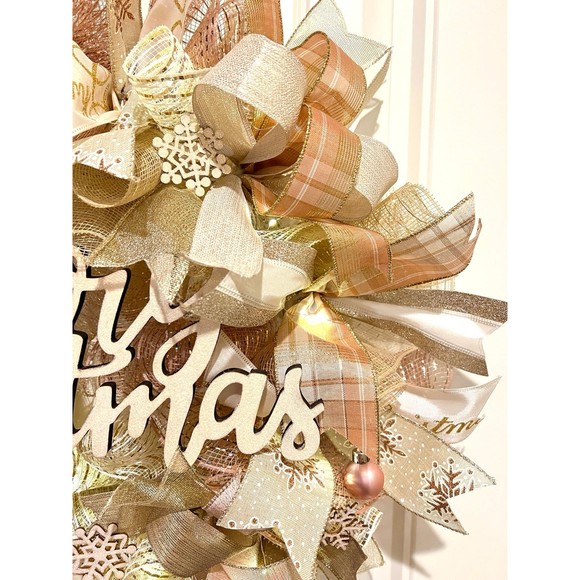 Christmas Snowflake Holiday Ribbon Door Wreath Handmade 22 ins LED W12 Gold Pink - Picture 7 of 12